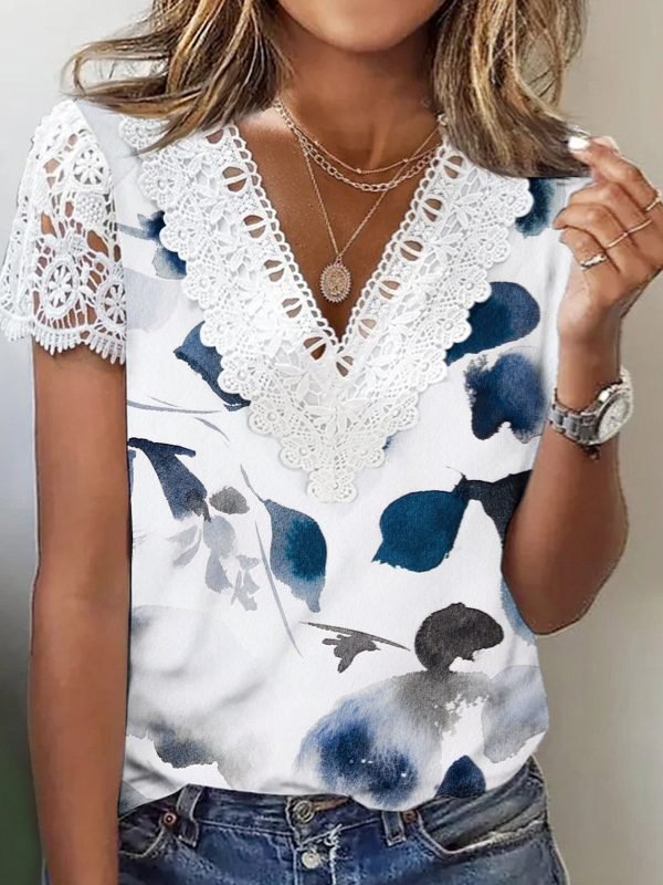 Women's Short Sleeve V Neck Lace Floral Printed Fashion Casual Top