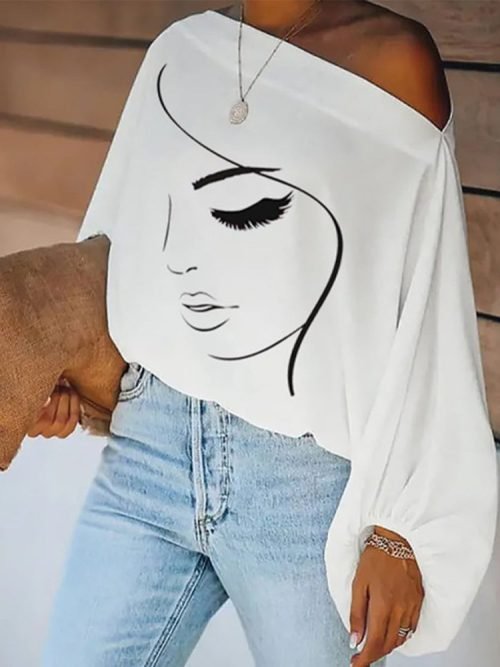 White Long Sleeve Print Top