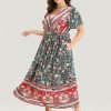 Bandana Surplice Neck Pocket Belted Flutter Hem Maxi Dress
