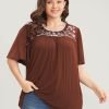 Floral Embroidered Ruffle Sleeve Keyhole Round Neck T-shirt