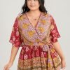Floral Print Ruffles Belted Wrap Blouse