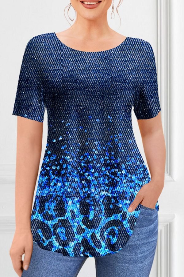 Plus Size Casual Navy Blue Ombre Denim Print Two Piece Pant Set
