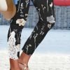 Flower Print Lace Mesh Side Legging