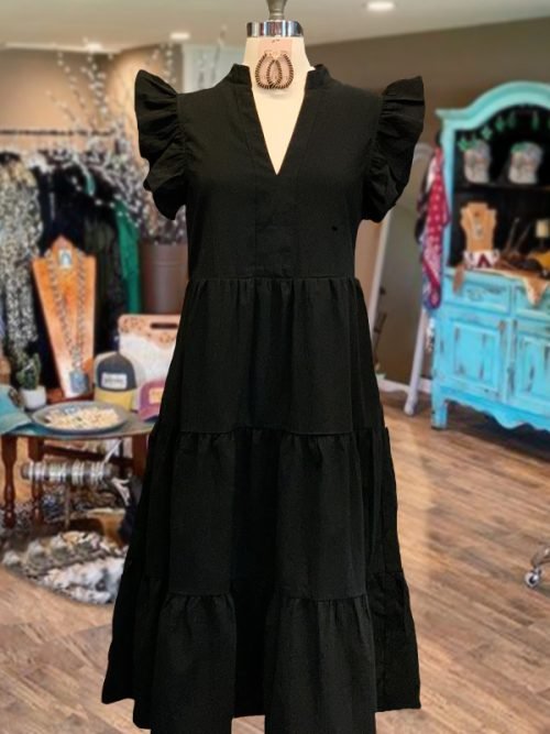 Solid Ruffle Sleeve V-Neck Midi Dress