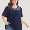 Floral Embroidered Ruffle Sleeve Keyhole Round Neck T-shirt