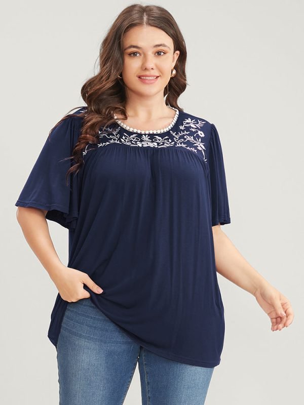 Floral Embroidered Ruffle Sleeve Keyhole Round Neck T-shirt