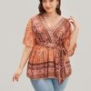 Floral Print Ruffles Belted Wrap Blouse