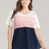 Colorblock Contrast Scalloped Trim Laser Cut Crew Neck T-shirt