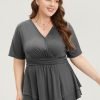 Plain Surplice Neck Gathered Ruffles Asymmetrical Hem T-shirt
