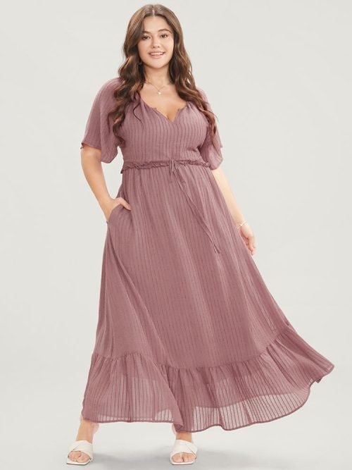 Solid Striped Notched Ties Up Pocket Flutter Maxi Dress