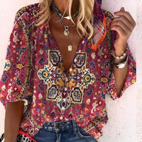Rose Red 3/4 Sleeve Print Top
