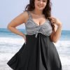 Striped Patchwork Knot Front Ruffles Swim Dress