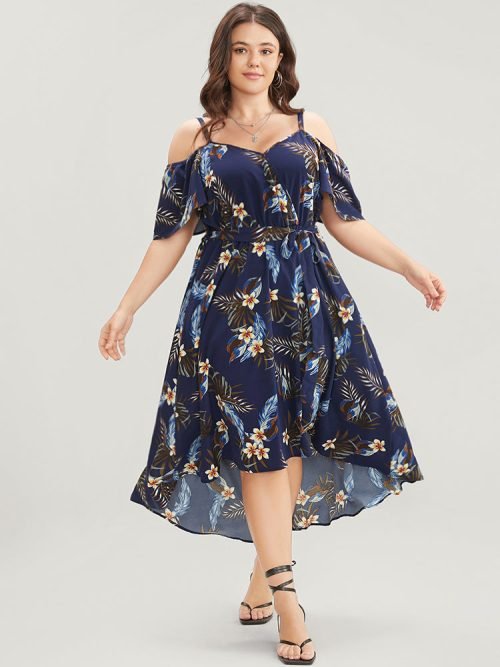 Floral Cold Shoulder Pocket Ruffle Belted High Low Hem Dress