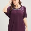 Floral Embroidered Ruffle Sleeve Keyhole Round Neck T-shirt