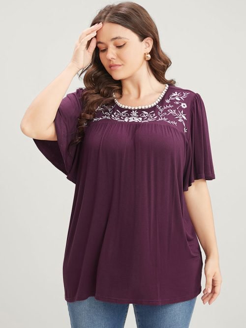 Floral Embroidered Ruffle Sleeve Keyhole Round Neck T-shirt