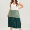 Colorblock Contrast Sleeveless Pocket Ruffle Hem Tank Dress