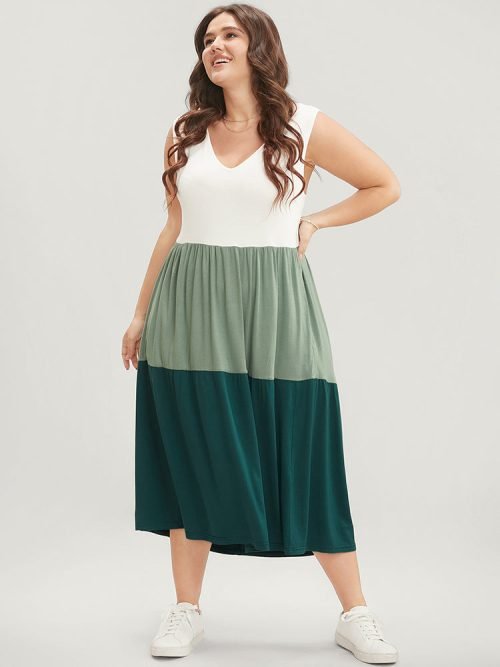 Colorblock Contrast Sleeveless Pocket Ruffle Hem Tank Dress