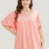 Floral Embroidered Ruffle Sleeve Keyhole Round Neck T-shirt