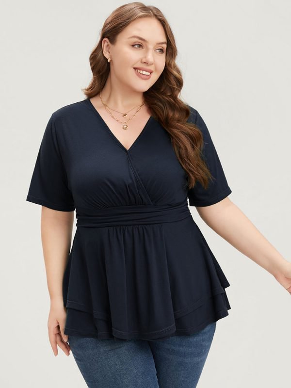 Plain Surplice Neck Gathered Ruffles Asymmetrical Hem T-shirt