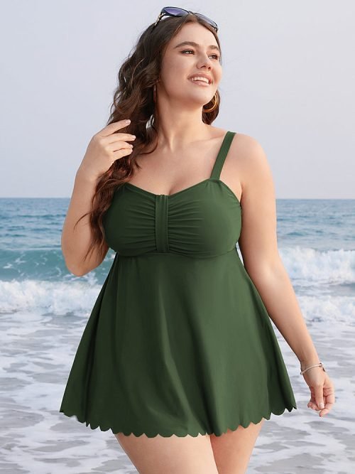 Ruched Scalloped Trim Adjustable Straps Tankini Top
