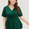 Plain Surplice Neck Gathered Ruffles Asymmetrical Hem T-shirt