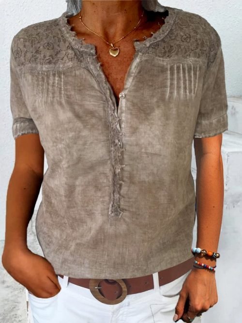 Women Elegant Lace Linen Loose V Neck Blouse