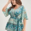 Floral Print Ruffles Belted Wrap Blouse