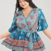 Floral Print Ruffles Belted Wrap Blouse