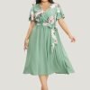Floral Printed Pocket Ruffles Surplice Neck Belted Midi Dress
