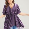 Striped Contrast Wrap Ruffles High Low Hem Blouse