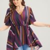 Striped Contrast Wrap Ruffles High Low Hem Blouse
