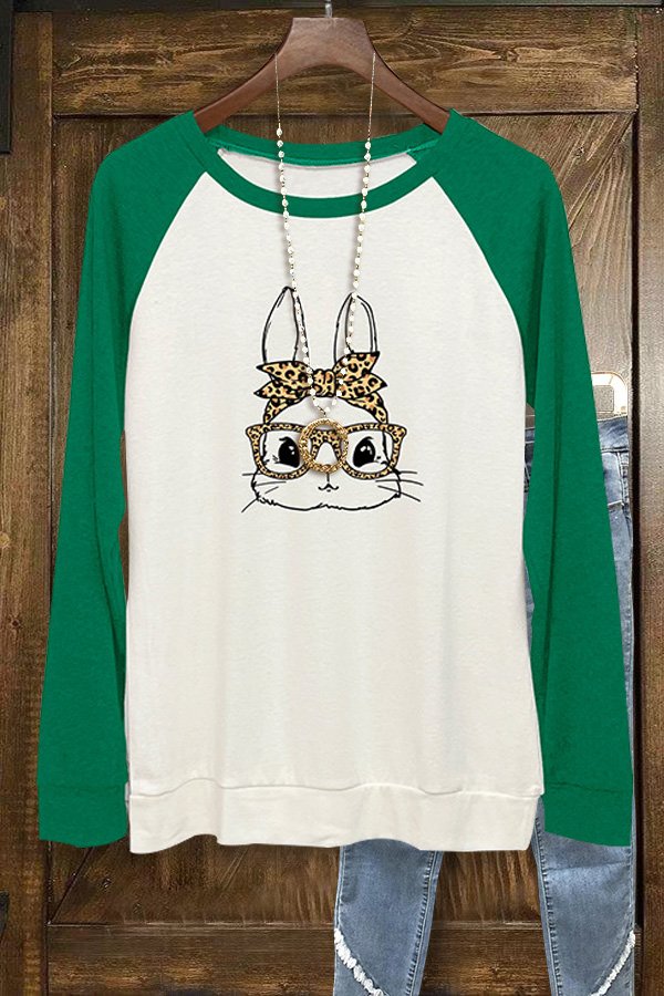 Colorblock Leopard Bunny Print Long Sleeve Top