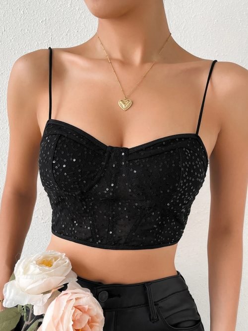 Women Mesh Mesh Sequined Sexy Crop Corset Top Spaghetti Strap Cami Bustier/2-2-1-1