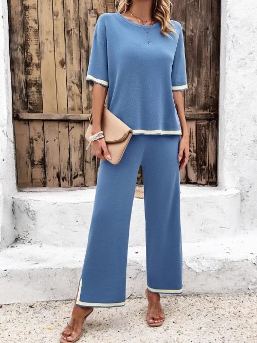 Women Casual Knit Short Sleeve Two-Piece Outfits /1-1-1-1