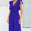 Women's Ruffle Cap Sleeveless V Neck Jumpsuit With Belt/1-1-1-1-1