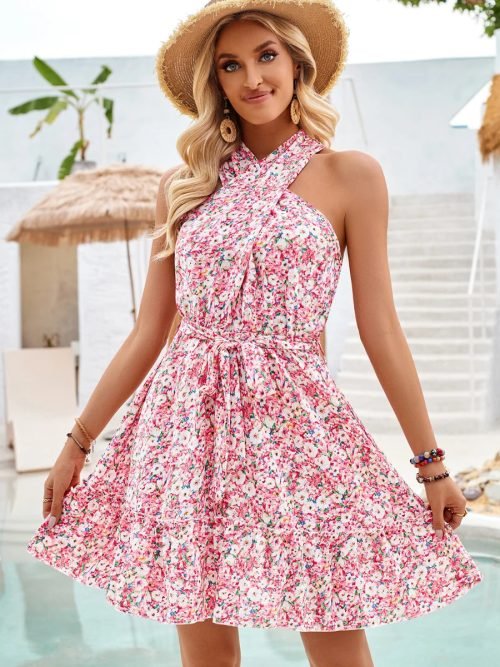 Summer Printed Halter Mini Dress with Belt for Women/1-1-1-1