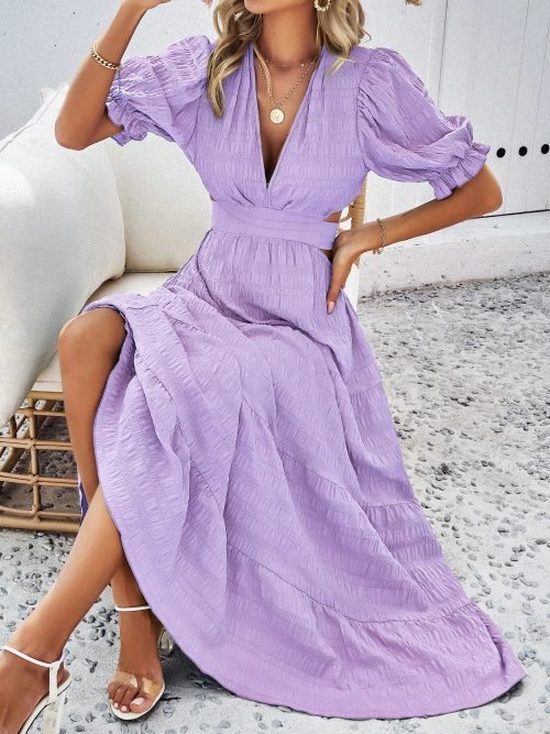 Women Back Tie Cut Out High Waist Puff Sleeve Maxi Dresses/1-1-1-1