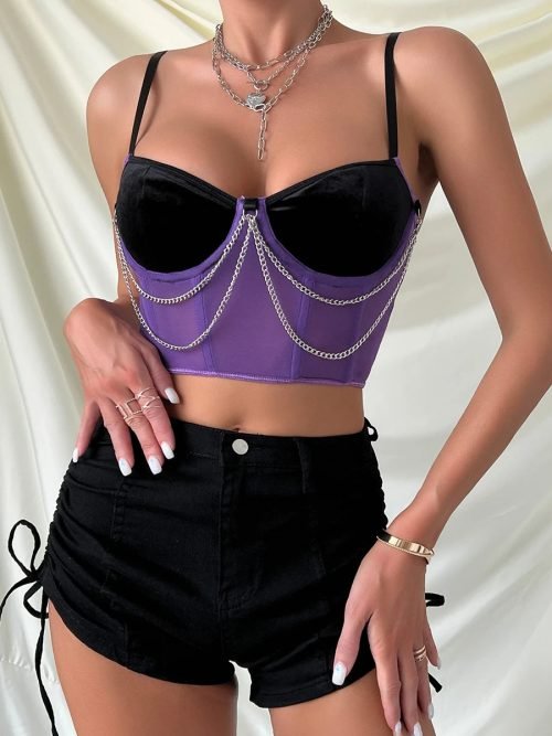 Women Color Block Chain Tassel Crop Top Bustier Y2K Vintage Boning Corset Cami Top/2-1-1