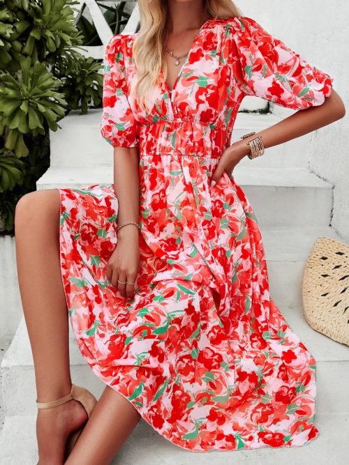 Women Summer Printed Short Sleeve V Neck Dress/1-1-1-1