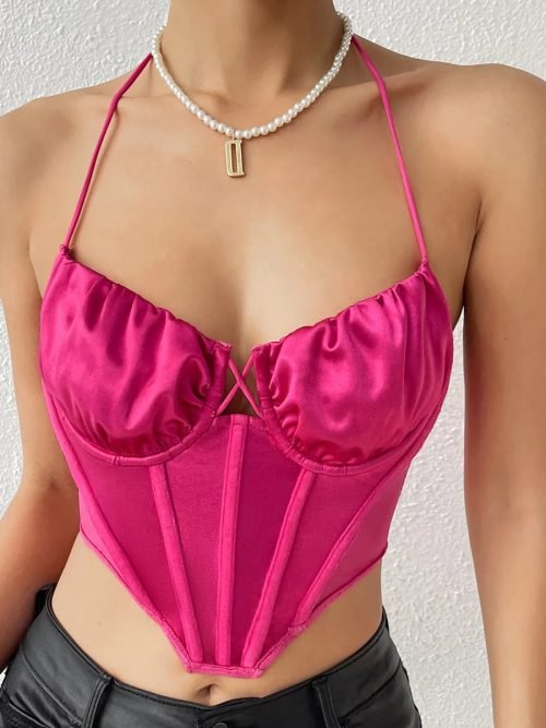 Women herringbone Halter Corset Mesh Satin Y2K Crop Top/2-2-1-1