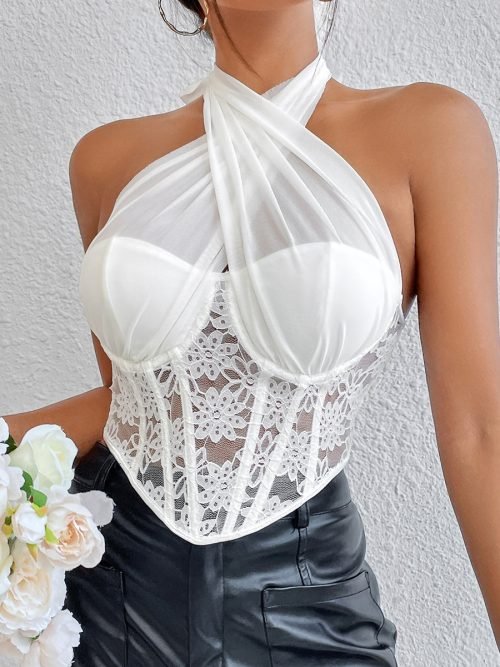 Criss Cross Tie Backless Crop herringbone Lace Mesh Halter Top for Women/ 2-2-1-1