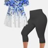 Women's Plus Size Casual Purple Ombre Plant Floral Print Two Piece Pant Set