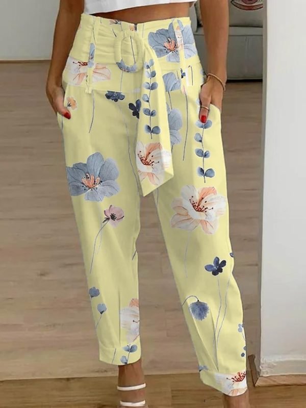 Women's Pants Trousers White Yellow Gray Casual Holiday Weekend Side Pockets Print Micro-elastic Full Length Comfort Floral S M L XL 2XL