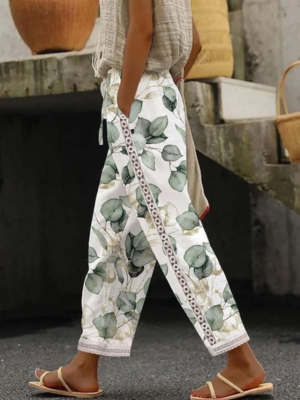 Women's Pants Trousers Faux Linen White Fashion Casual Weekend Lace Side Pockets Full Length Comfort Leaf S M L XL 2XL