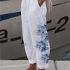 Women's Wide Leg Pants Trousers Faux Linen Black White Red Casual Holiday Weekend Side Pockets Full Length Comfort Floral S M L XL XXL