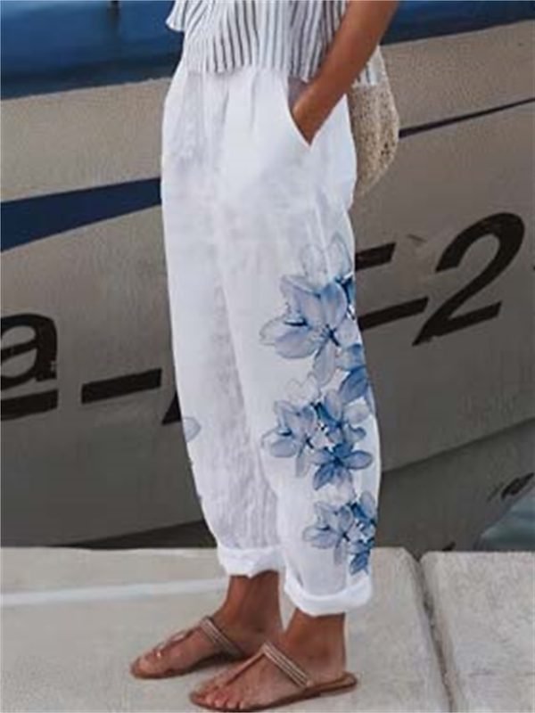 Women's Wide Leg Pants Trousers Faux Linen Black White Red Casual Holiday Weekend Side Pockets Full Length Comfort Floral S M L XL XXL