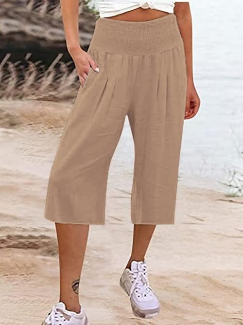 Women's Wide Leg Pants Trousers Capri shorts Cotton And Linen Black White Navy Blue Fashion Casual Daily Side Pockets Baggy Calf-Length Comfort Plain S M L XL 2XL