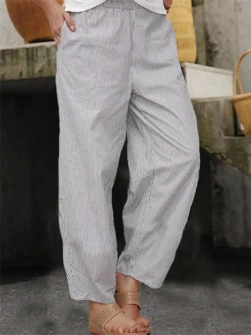 Women's Pants Trousers Faux Linen Gray Fashion Casual Daily Side Pockets Full Length Comfort Striped S M L XL XXL