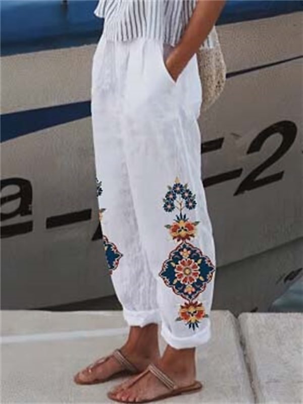 Women's Wide Leg Pants Trousers Faux Linen Black White Red Casual Holiday Weekend Side Pockets Full Length Comfort Floral S M L XL XXL