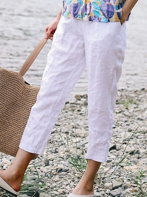 Women's Pants Trousers Faux Linen Black White Army Green Fashion Casual Daily Side Pockets Ankle-Length Comfort Plain S M L XL 2XL